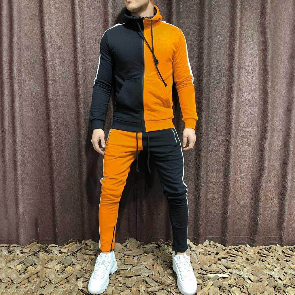 Plus Men/'s Autumn Patchwork Sweatshirt Tops Pants Sets Fit Sports Suit Tracksuit