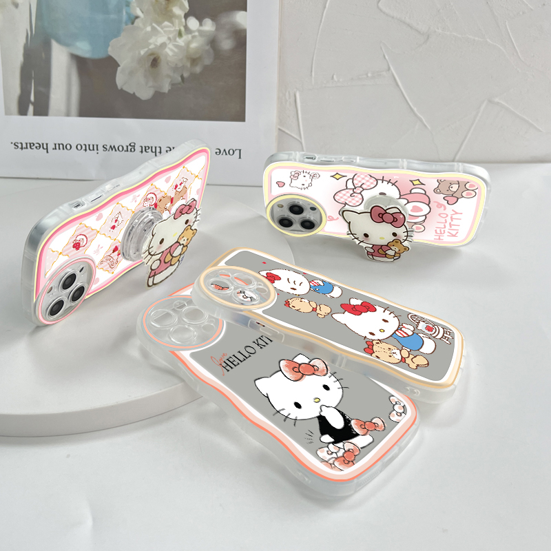 (With Free Holder) Jizetin Phone Casing For Xiaomi Redmi Note 10 Note 10S Note 10 Pro Note 10 5G Note 9 Note 8 Fashion Soft Wavy Phone Case Hello Kity Cat Cartoon Shockproof Cellphone Casing Full Cover Camera Protection