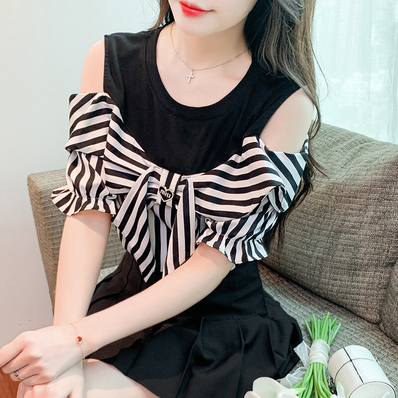 2023 Summer New Bow Tie Off Shoulder Short Sleeve Top