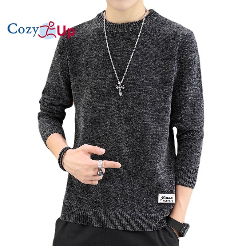 Cozy Up Men Long Sleeve Sweater Solid Color Slim Round Neck Plus Velvet Thick Knit Pullover