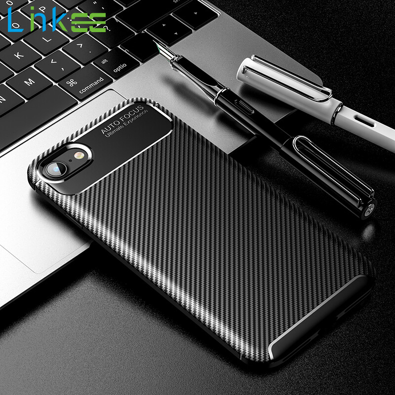 iPhone SE 2020 Phone Case, Soft Silicone Back Cover Shockproof Thick Carbon Fiber TPU Casing