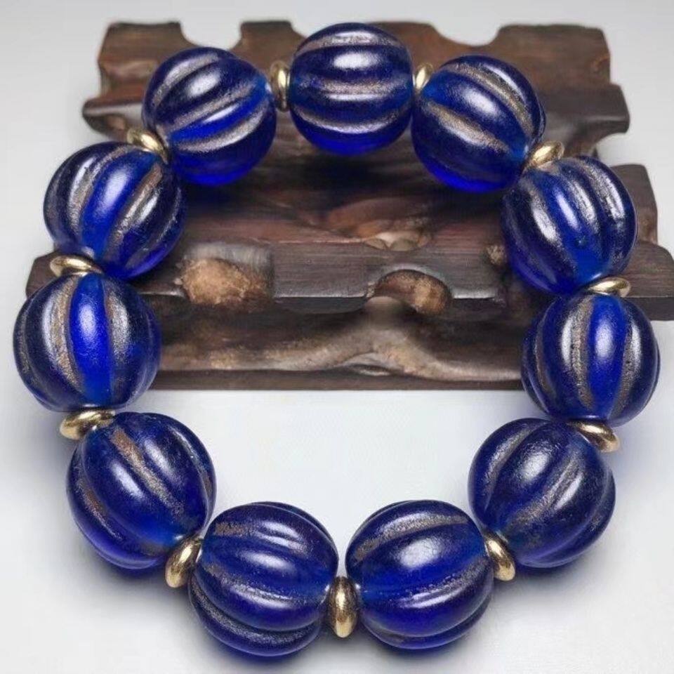 Antiques Miscellaneous Buddha Beads Hand String Colored Glass Hand String Blue Glazed Melon Beads Diameter 20mm