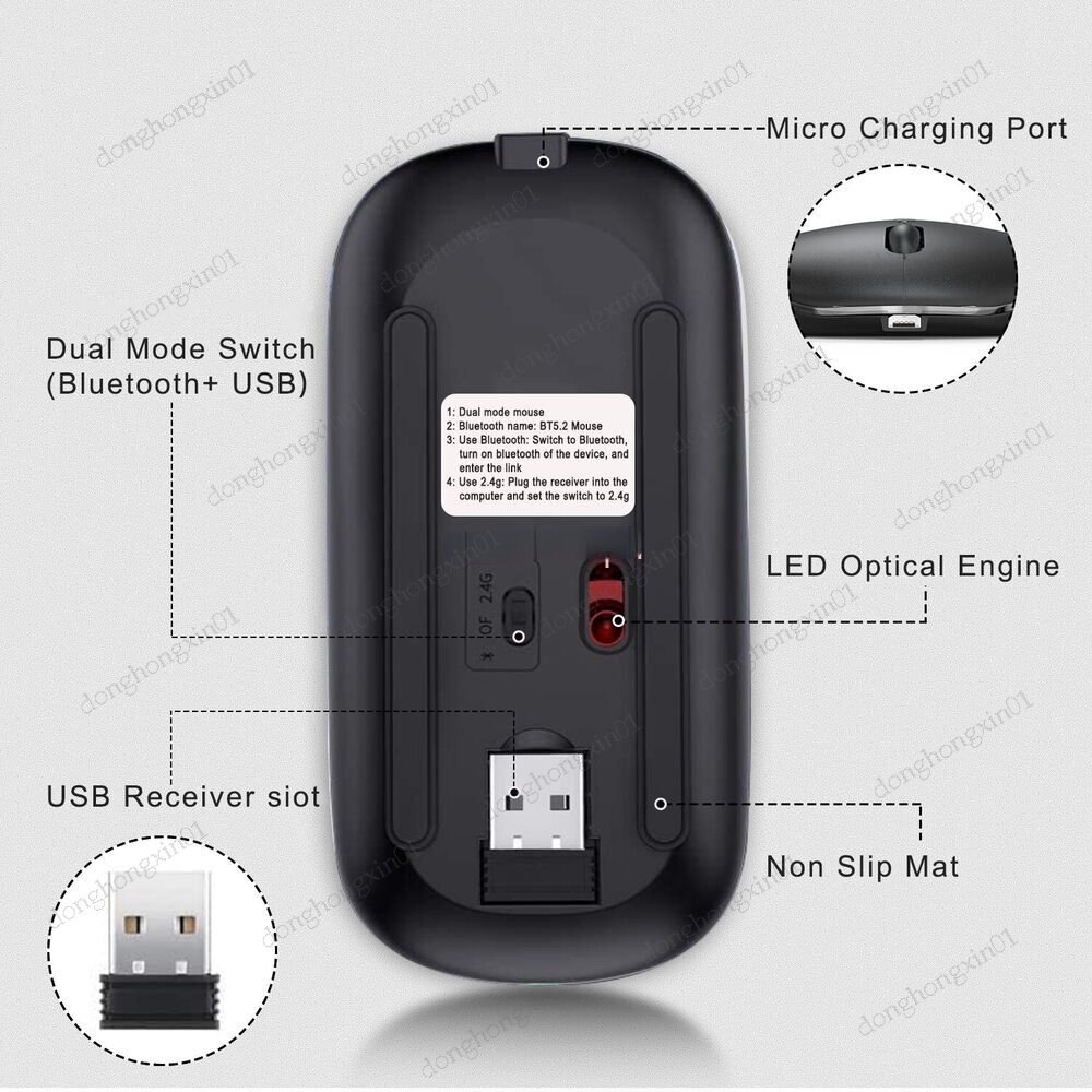 Wireless Mouse Bluetooth 2.4Ghz Receiver Optical Adjustable Wireless Mice Rechargeable for PC Laptop IPad