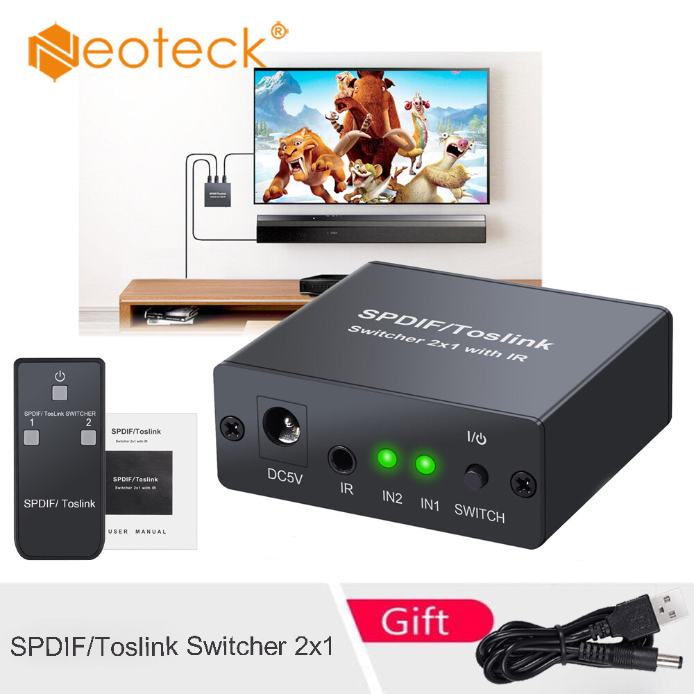Neoteck SPDIF/Toslink Switcher 2x1 with IR Remote Control Optical SPDFI