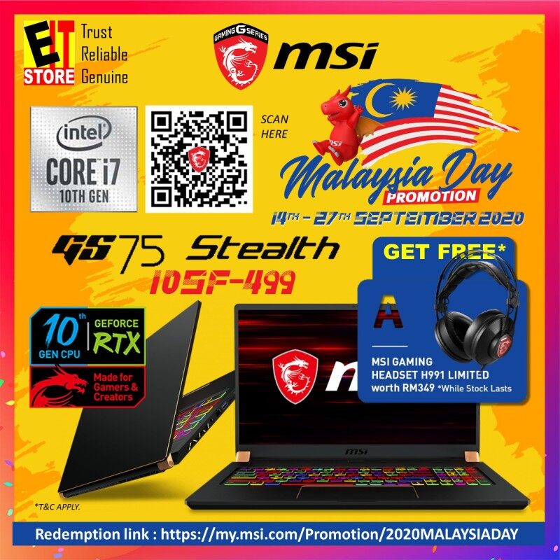 MSI STEALTH GS75 10SF-499 GAMING LAPTOP (I7-10875H/16GB/1TB SSD/17.3 FHD 240Hz/RTX2070 MAXQ 8GB/W10/2YRS)+BACKPACK Malaysia