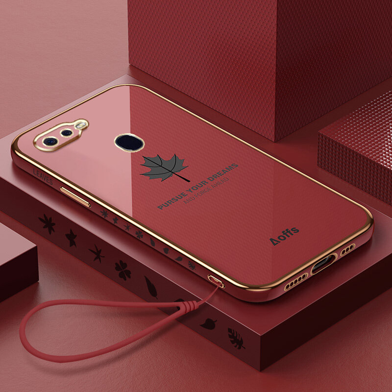 YBD Straight Edge Plating Phone case For OPPO F9 Pro casing, Precise Camera Protection case Maple leaf pattern cover with Free lanyard