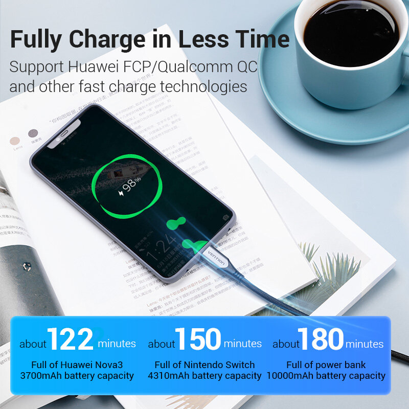 Vention cáp sạc Type C PD 60W USB C to USB C 3.1 Cable QC4.0 3.0 cáp sạc nhanh Type C for Samsung S9 Plus USB C cord Huawei P30 android charging cable