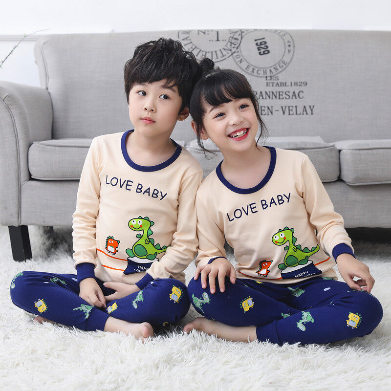 Neveiox 2 Pcs Unisexการ์ตูนไดโนเสาร์ชุดนอนสบายๆแขนยาวคอกลมเสื้อ + กางเกง