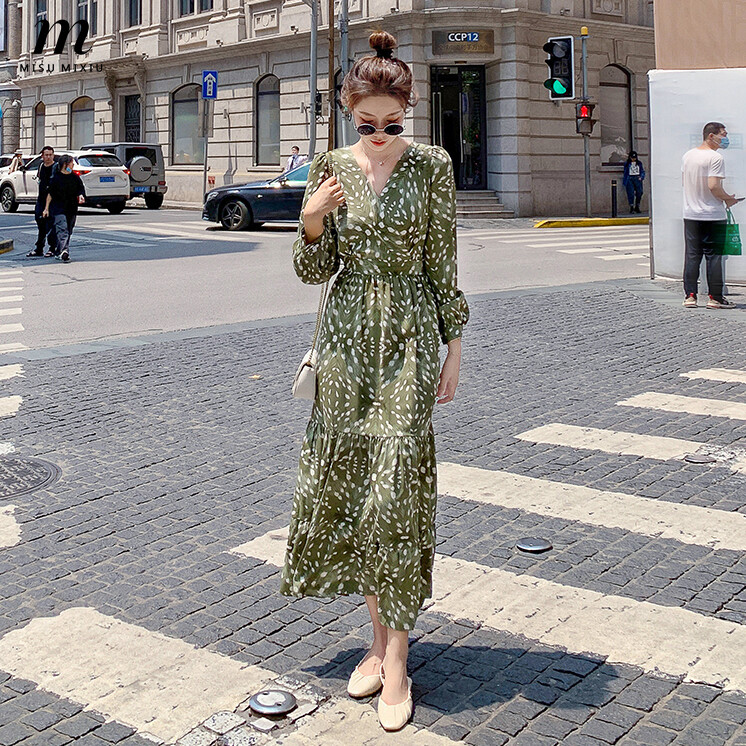 MISUMIXIU Chiffon Floral V-neck Long Dress for Women Long Sleeve Autumn New Elastic Waist Fashion Temperament Lady Maxi Dresses