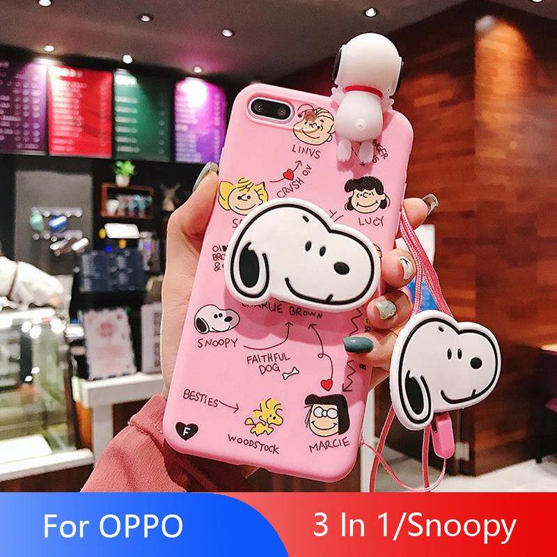 Untuk OPPO RENO/K3/F11Pro/F11/F9/F7/K1/R17/R11/ r9/R9P/A83/A79/A77/A71 Super Lucu Snoopy Lembut Casing Silikon Casing Ponsel Lucu 3 In 1 penutup dengan Finger Holder dan Neckrope (Merah Muda)