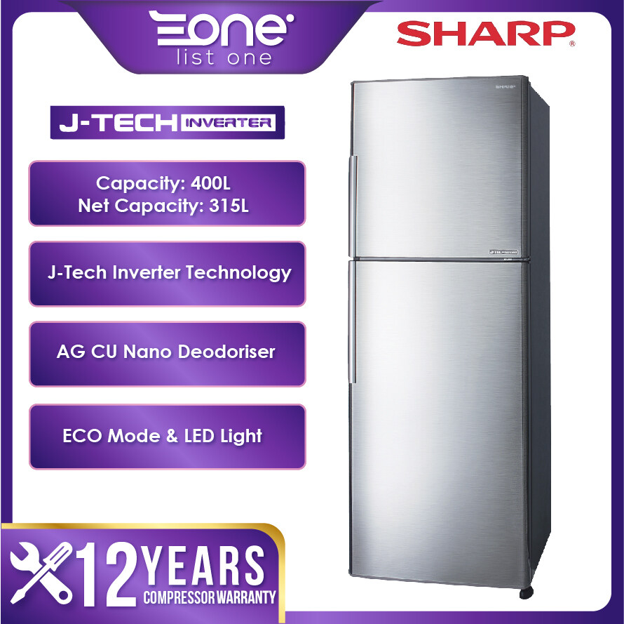 Sharp 400L 2 Door J-Tech Inverter AG CU Nano Deodoriser Smile Refrigerator SJ406MSS | Fridge | Peti Sejuk | Peti Ais 冰箱 | 冰橱