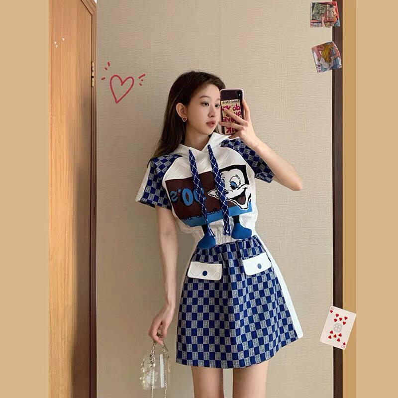 Women's Summer Casual Hooded Sweater Dress Slim Waist Checked Dress Ladies A Line Dress