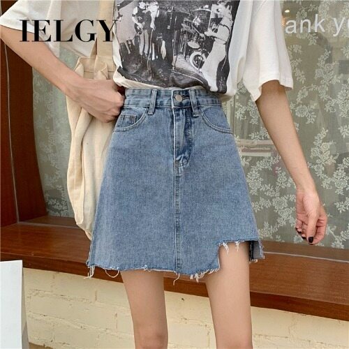 IELGY Irregular denim skirt female Hong Kong flavor high waist was thin A word bag hip short skirt