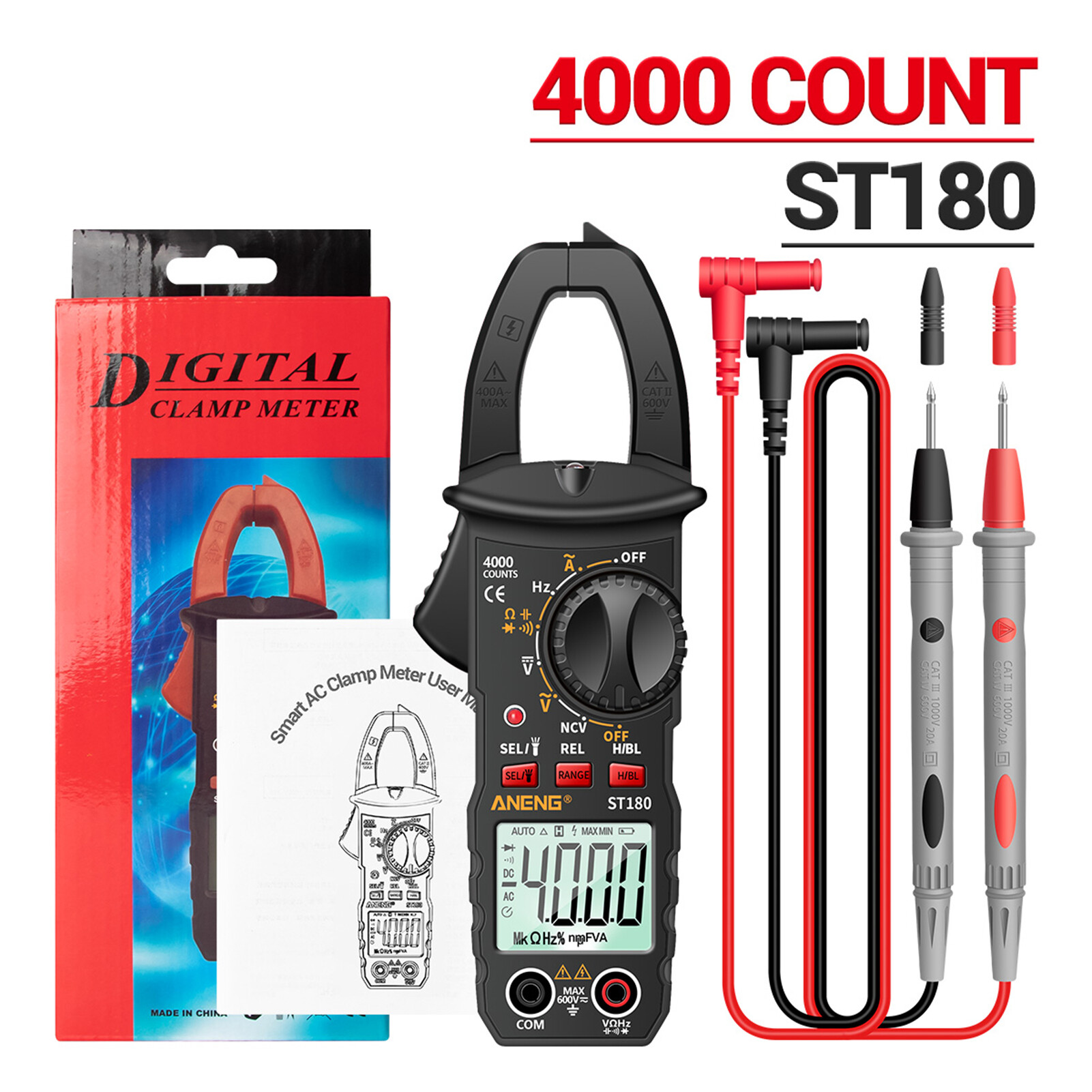 NANWEI ANENG ST180 4000 Counts Digital Clamp Meter Multimeter Voltmeter Ammeter AC DC Voltage Meter NCV Tester Universal Meter Tester Current Clamp Tester -30~1000°C Temperature Resistance Capacitance Frequency Diode Measurement