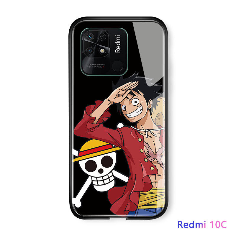 Hontinga Casing Case For Xiaomi Redmi 10C A2 Case Luxury Soft Edge Anime Casing Luffy Glossy Casing Tempered Glass Phone Case Shockproof Back Cover Casing Hard Case For Boys For Girls