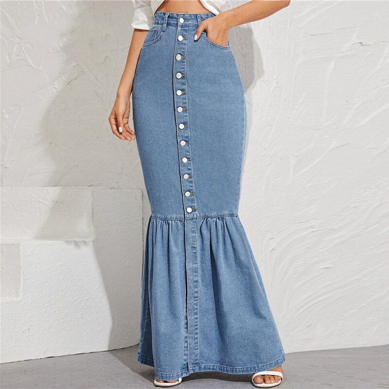 Fishtail denim 2024 ruffle skirt