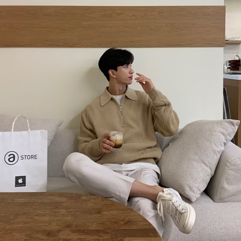 H half zipper sweater men's autumn winter style Japanese vintage high-end lazy lapel knitwear loose casual S86_voghion.com