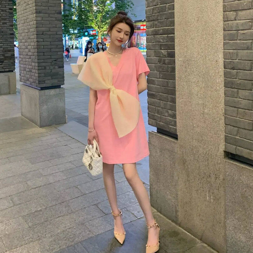 Bow Dress Short Sleeve V Neck Niche 2022 Summer New Fashion Temperament Dress