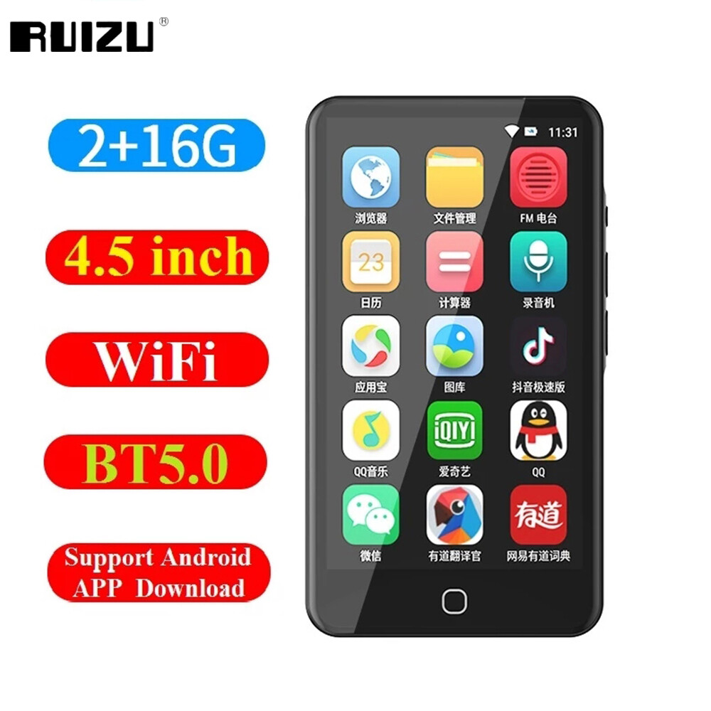 Ruizu h5 android wifi mp3 player 4.5 inch ips hd screen 16gb bluetooth 5.0 audio mp4 players built-in speaker multifunctional mini hifi lossless audio walkman support app download fm radio pictures calendar voice recording
