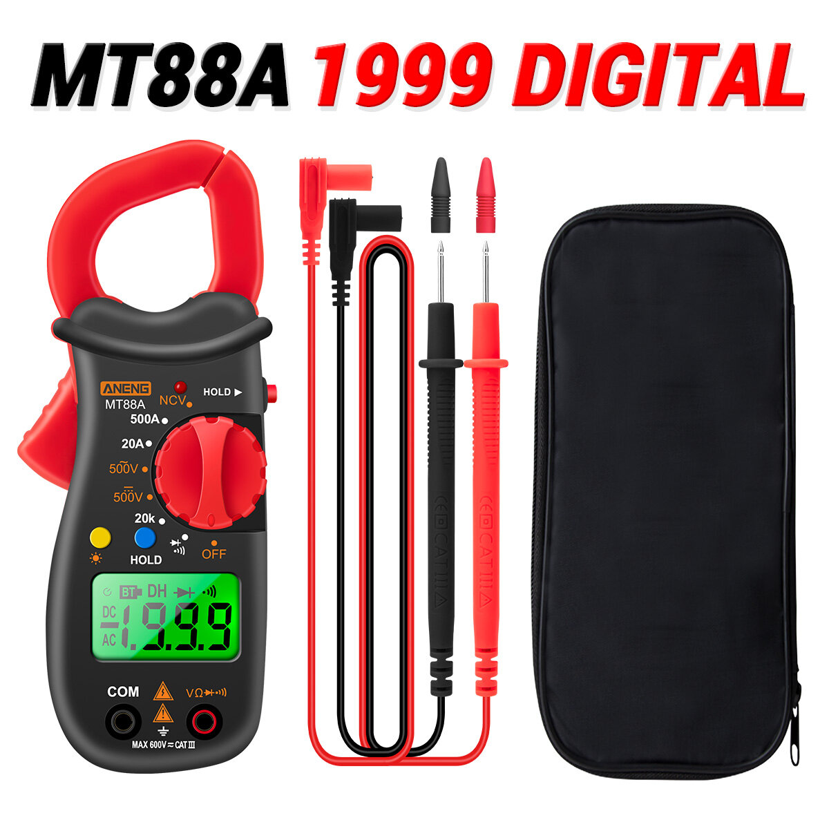 Smart Sensor MT88A Clamp Meter Multimeter LCD Digital Universal Meter 1999 Counts Auto Range Handheld DC/AC Voltage Voltmeter 500A AC Current Ammeter Frequency Capacitance Tester NCV Test Data Hold Green Backlit Screen