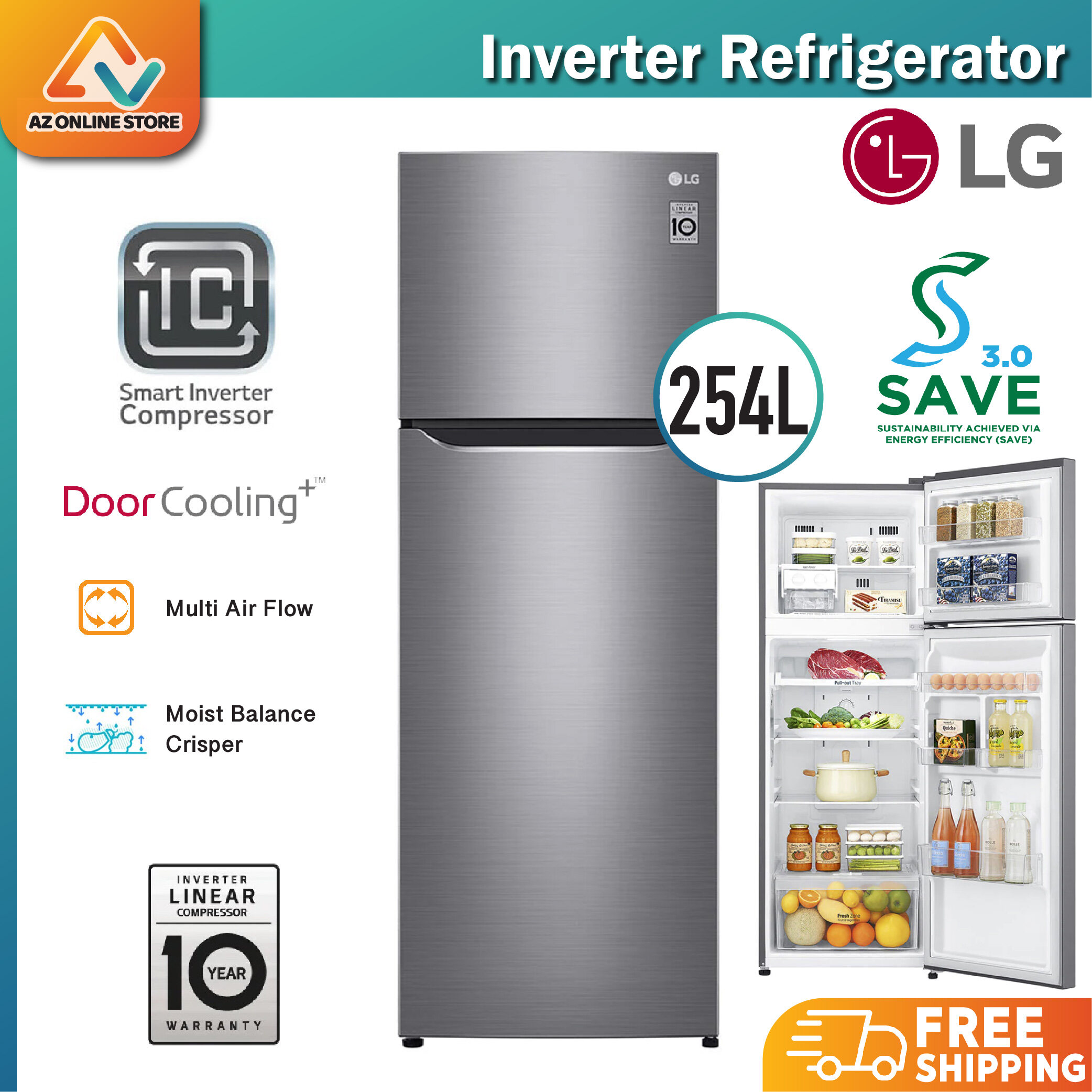 LG 2Door Smart Inverter Fridge GNG272SLCB 254L Inverter Top Freezer