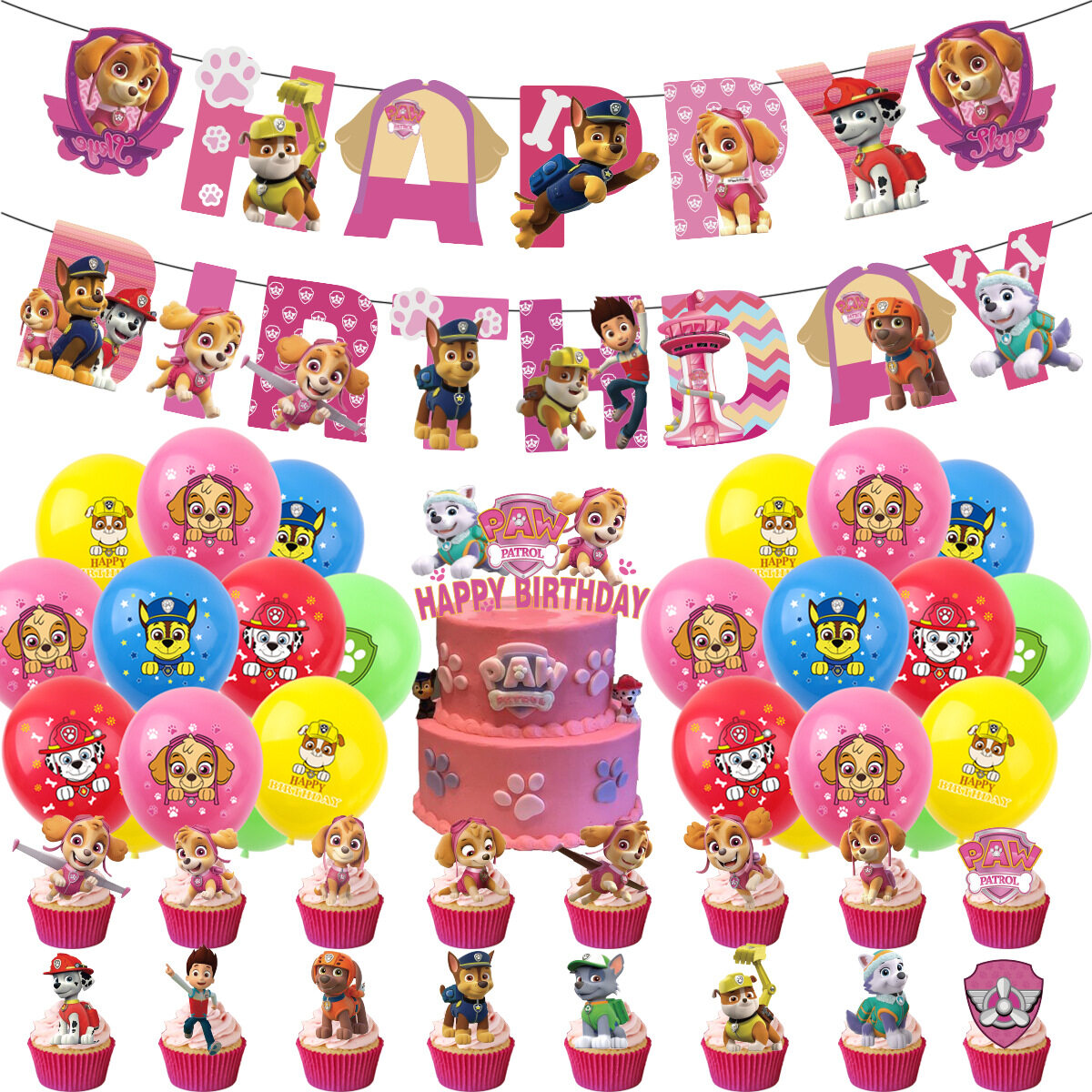 Fastshipment Pink PAW Patrol birthday theme party decoration set happy ...