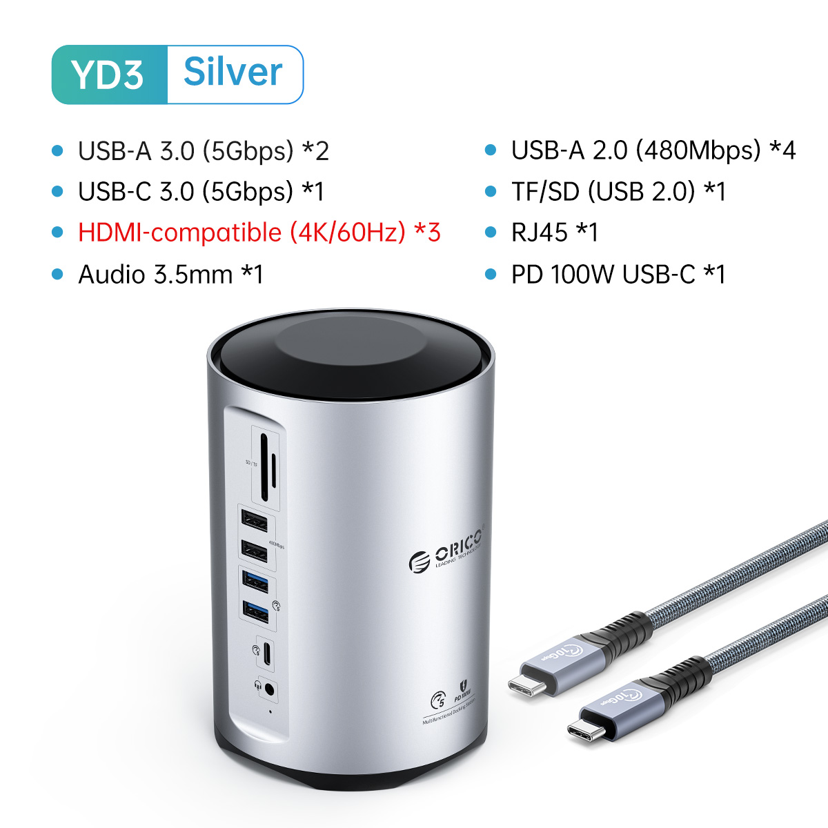 Orico 15 in 1 usb 3.0 hub adapter with 2 usb 3.0 data ports, 4 usb a ports,1 usb c port, 4k hdmi, tf/sd card reader, 1 dp/rj45/audio port, 100w power delivery, compatible with macbook air, macbook pro, xps, and more