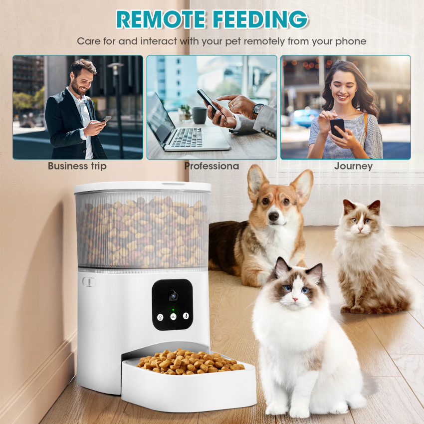 Máy cho mèo ăn tự động với máy ảnh HD, máy cho ăn tự động với ứng dụng điều khiển, cho phép 2.4GHz Wi-Fi, 2 cách âm thanh tương tác, khay thức ăn có thể nhìn thấy, 3.0L