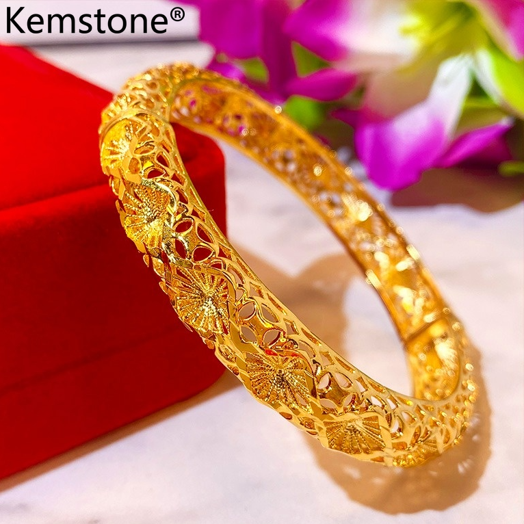 Kemstone Fashion 24K Saudi Gold Plated Hollow Out Bangle Bracelet Wedding Jewelry Gift for Women
