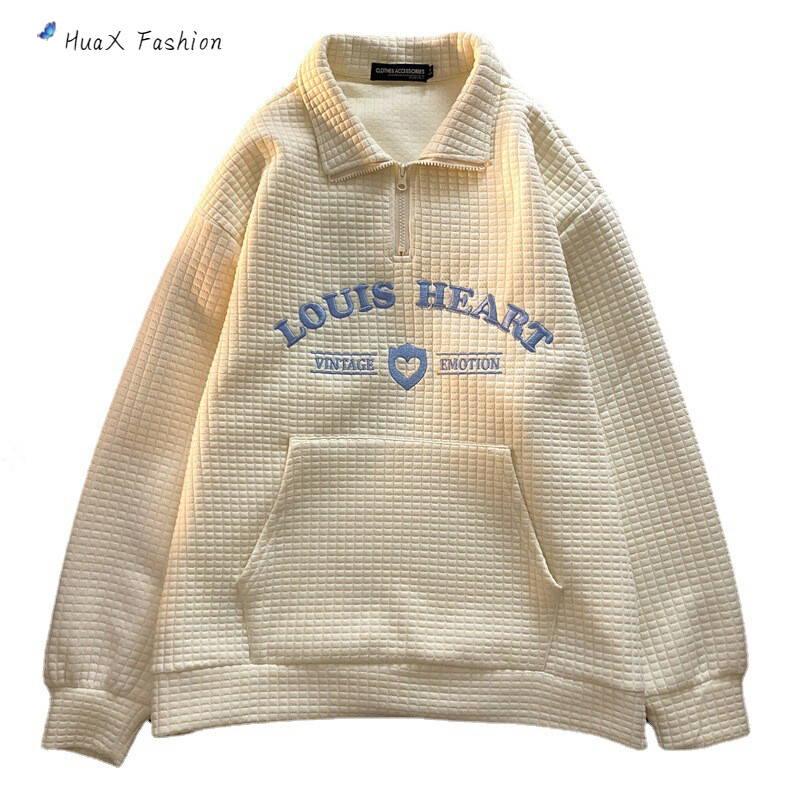 HuaX Women Sweater Waffle Plaid Lapel Long-sleeve Embroidered Oversize Couple Top