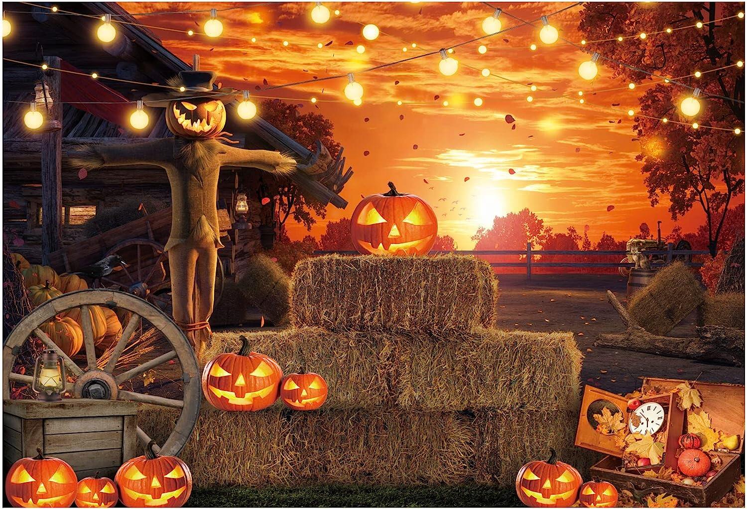 8x6ft Halloween Photography Backdrop - Spooky Devil Pumpkin Scarecrow Party Background