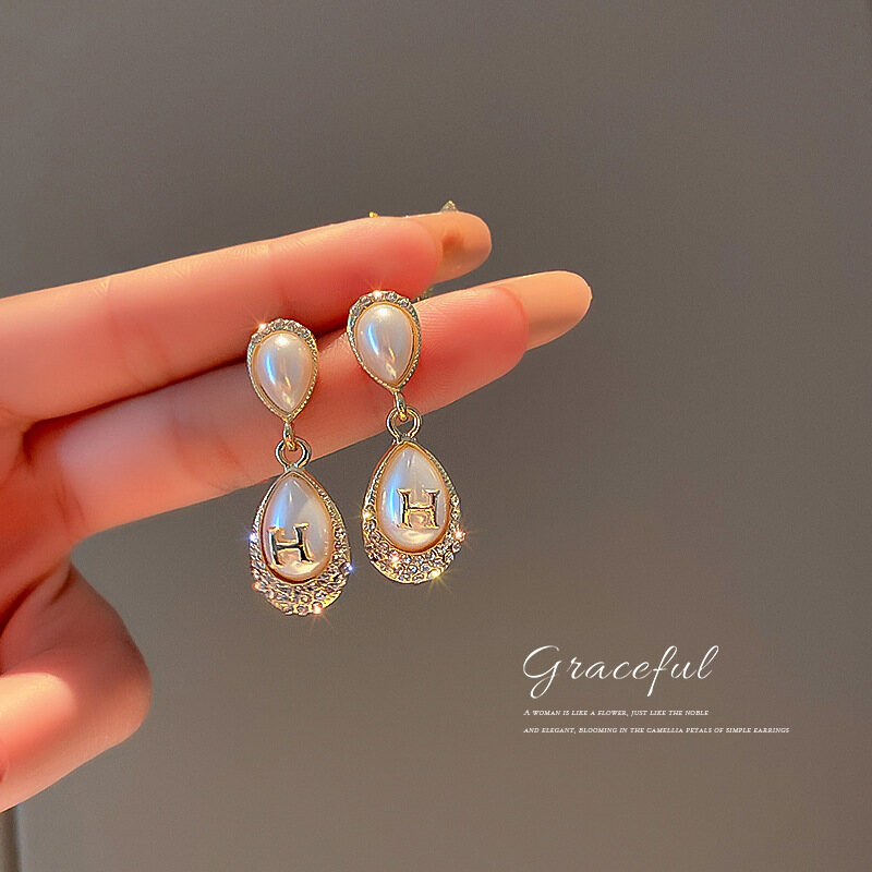 Frascati Luxury Baroque Letter H Rhinestone Water Drop Shape Pearl Earrings Luxury Wedding Brides Drop Dangle Earrings For Women Jewelry Gifts