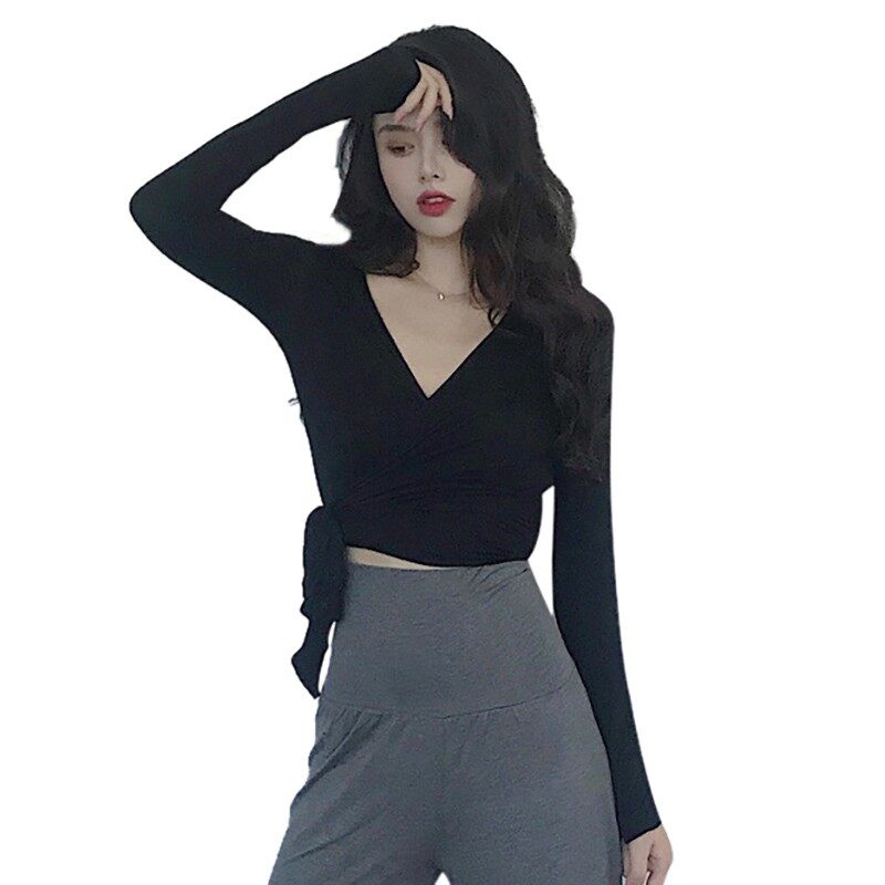 V Neck Long Sleeves Solid Wrapped Shirt main image 1