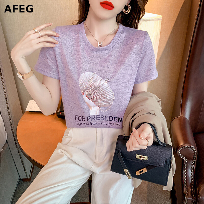 AFEG new women's short-sleeved printed beaded casual T-shirt for women