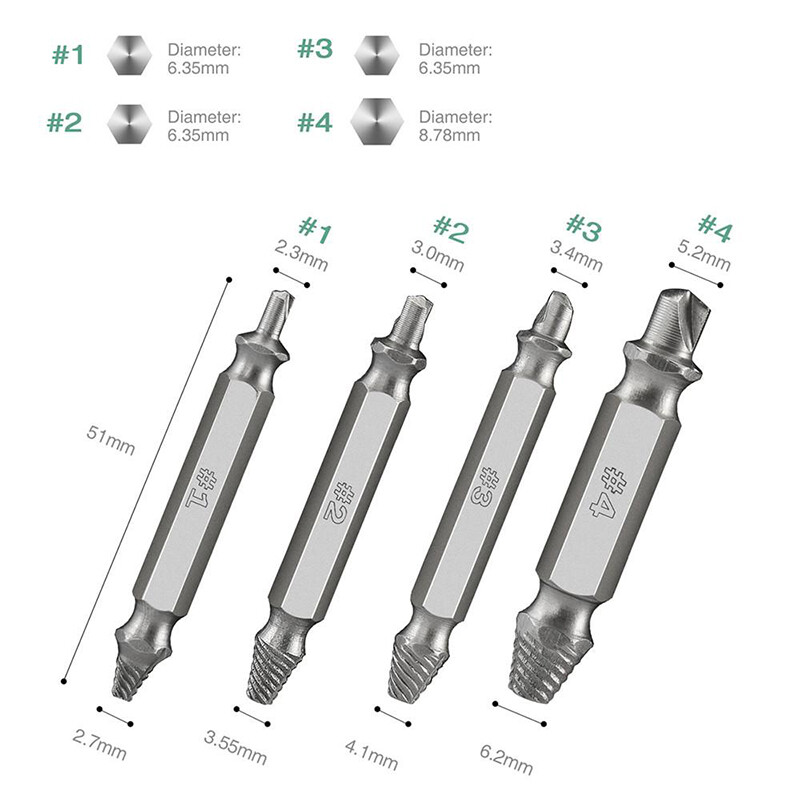 KIPRUN 4 Cái/Bộ Dụng Cụ Tháo Vít Bị Hỏng Hai Mặt Mũi Khoan Bu Lông Uốn Ra Dụng Cụ Loại Bỏ