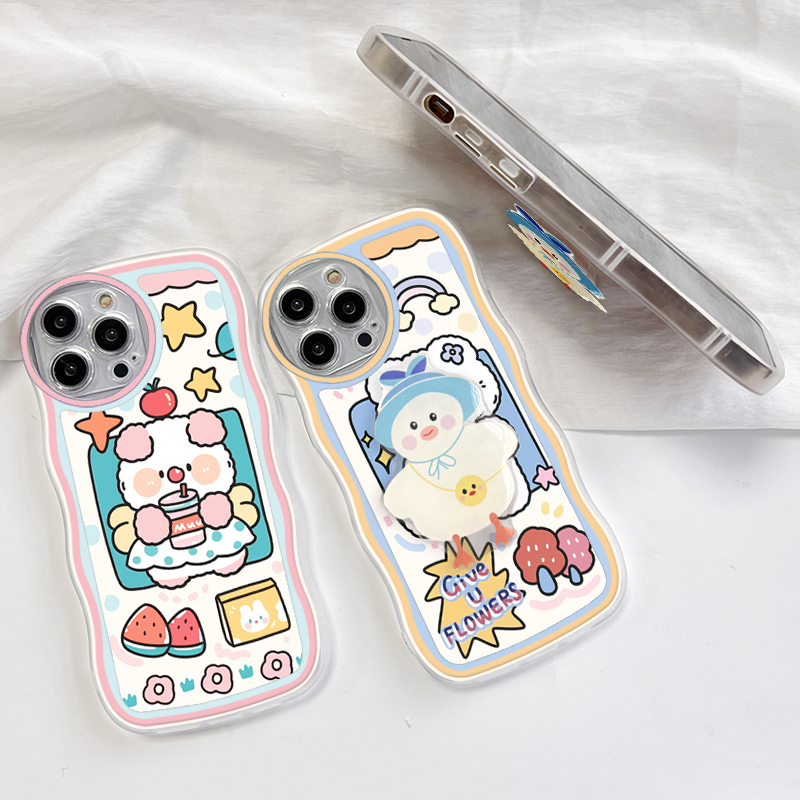 (With Free Holder) Jizetin Phone Casing For Xiaomi Redmi Note 10 Note 10S Note 10 Pro Note 10 5G Note 9 Note 8 Fashion Soft Wavy Case Cute Pig Duck Bear Rabbit Cartoon Shockproof Cellphone Casing Full Cover Camera Protection