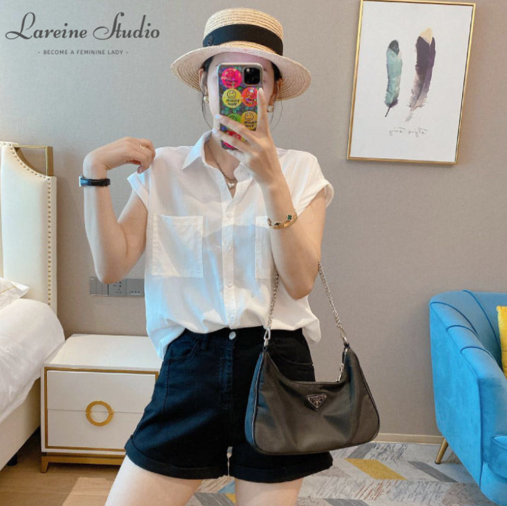 LAREINE Sơ Mi Nữ Hàn Quốc thường phong cách Ngắn Tay Áo Cổ LậT Chic màu trơn cỡ lỡn áo hàng đầu
