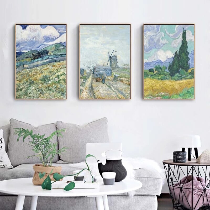 Van Gogh Wheat Field Landscape Canvas Painting Green Idyllic Scenery Wall Art Posters Famous Oil Painting for Living Room Decor