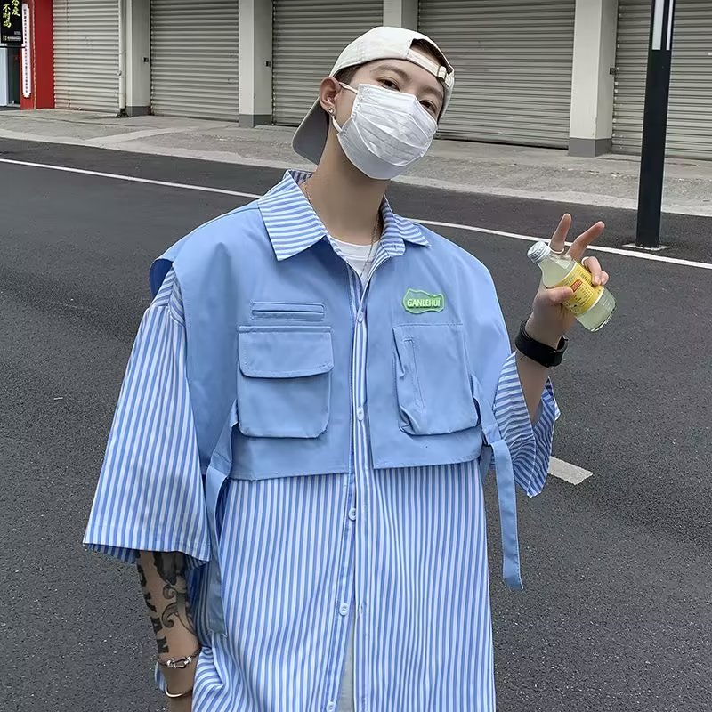 TIDE BEAR Casual shirt men's design sense premium short sleeve jacket loose shirt blue and white striped shirt