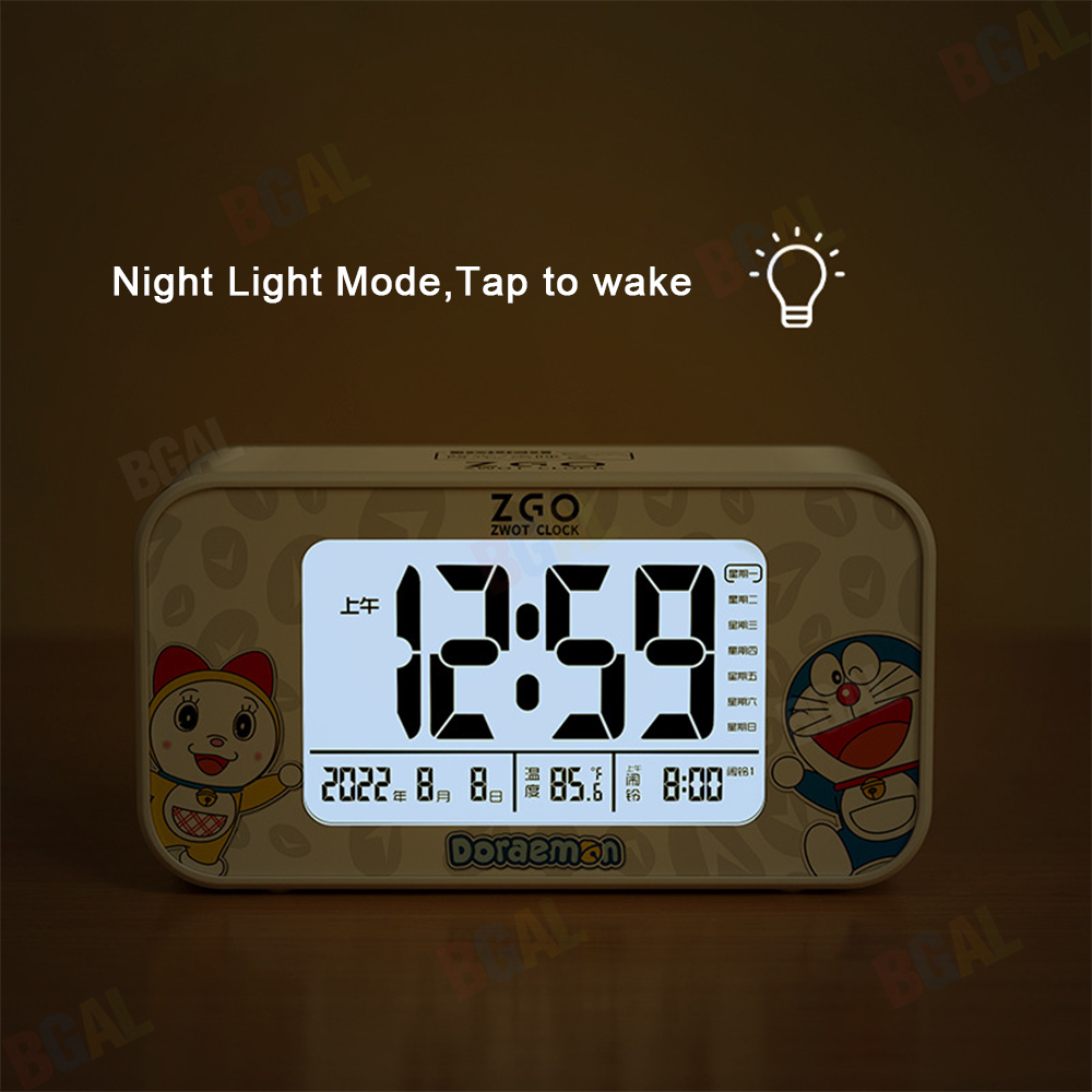 100% Authentic Doraemon Digital Clock Alarm Clock Rechargeable with Night Light Kids Clock Anti-fall Temperature display USB charging Support Wireless/Wired Use 0125