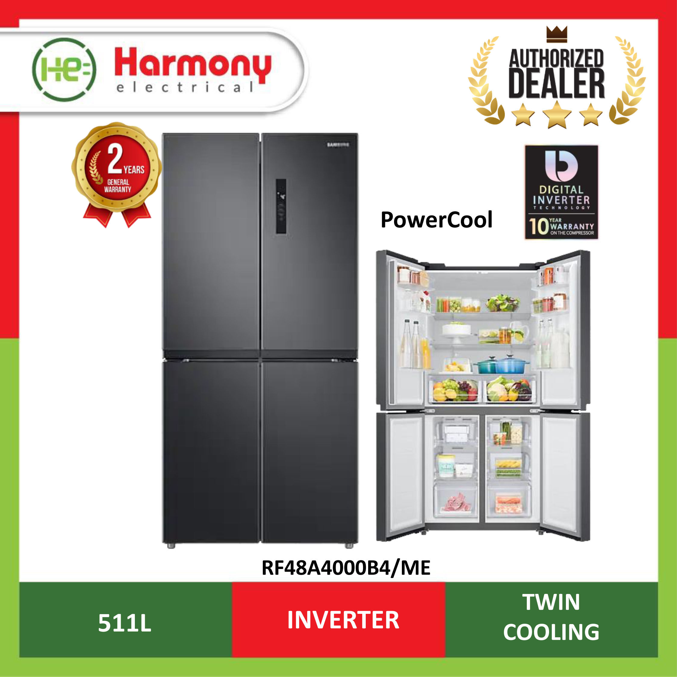 SAMSUNG 511L French Door Fridge RF48A4000B4/ME 4 Doors Refrigerator with Twin Cooling ( Peti Sejuk) 冰箱