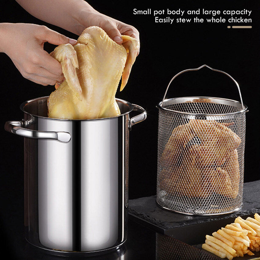 304 Stainless Steel Pot Frying Pan High Kitchen Pot With Basket Small Pot Fryer Deep Pot 16cm Cooking Pot Cookware