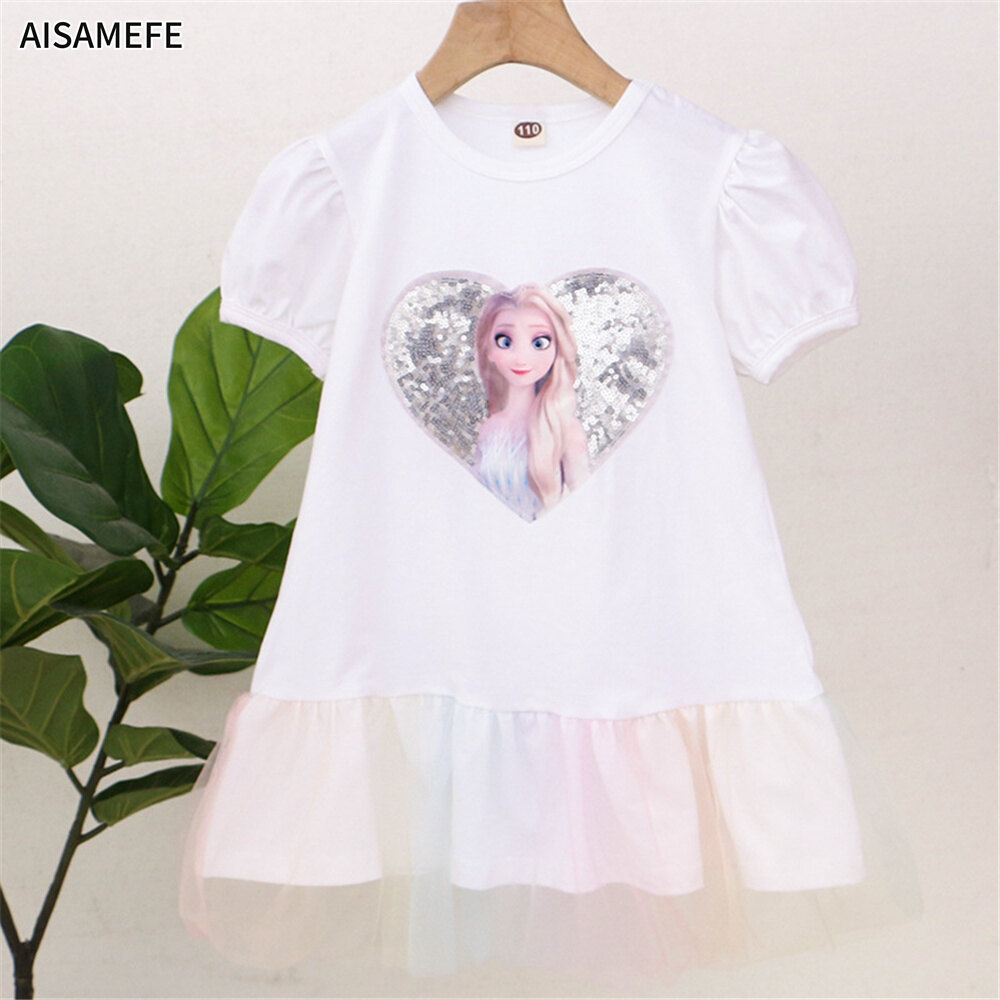 AISAMEFE 2023 Sweet Girls Summer Frozen Dress Cartoon Princess Love Sequin Puff Sleeve Mesh Elsa Dress Cotton Skirt Fashion Children Formal Dinner Birthday Party Dress 3-8 Year Kids Clothes