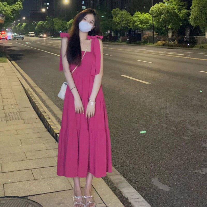 Herione Sexy Rose Red Lace Bow Strap Dress Dress Women's Summer New Style Unique and Amazing Long Dress 501D056