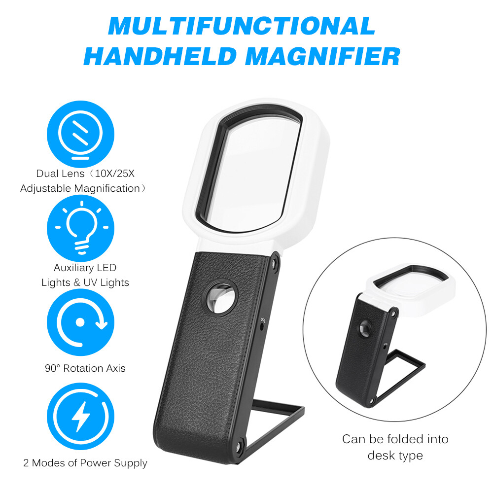 Kính Lúp Cầm Tay Cảm Biến Thông Minh Kính Lúp Đa Năng 10X/25X Có Thể Điều Chỉnh Độ Phóng Đại Có Thể Gập Lại Gương Đọc Sách Vuông Với 6 Đèn LED 2 Đèn UV