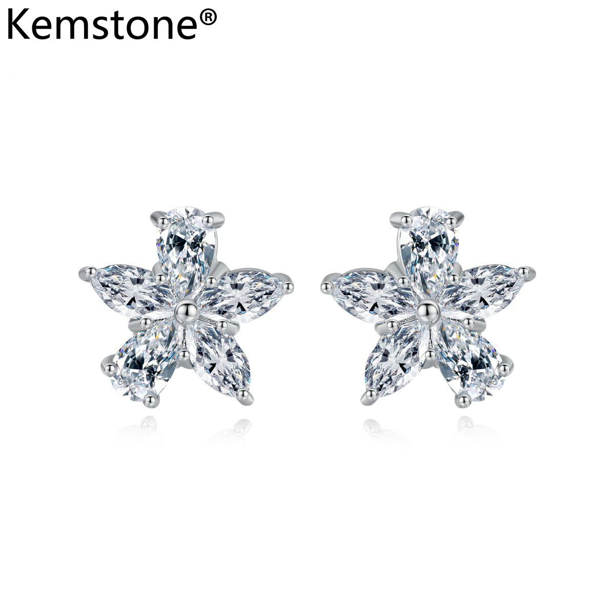 Kemstone White Crystal Star Flowers Female Jewelry Women Stud Earrings Jewelry Gift