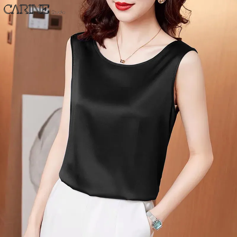 (M-4XL)CARINE 2023 Summer Women Sleeveless Top Casual Elegant Style Satin Vest V-neck Large Size Satin Vest