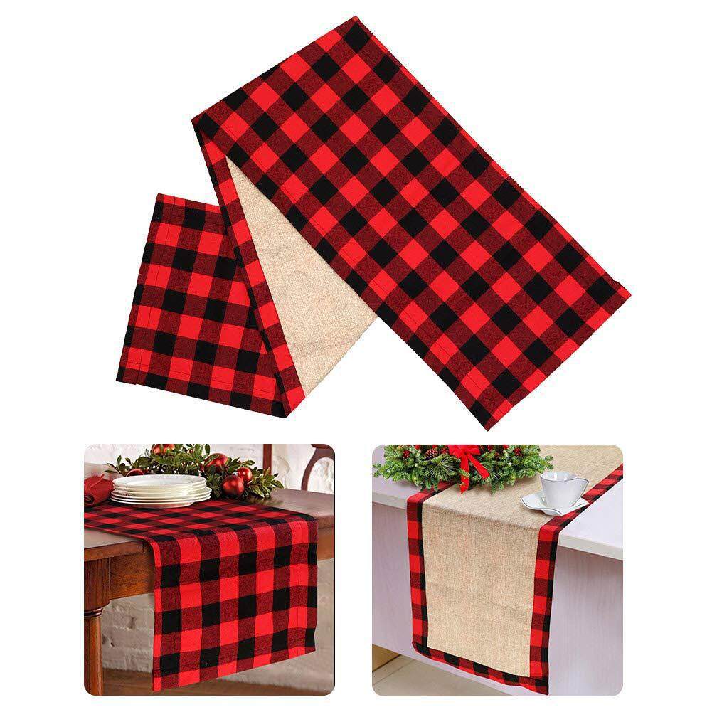 Red Black Plaid Cotton Linen Table Runner For Birthday Party Christmas Decorations