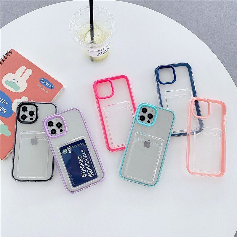 Transparent Card Bag Candy Color Edge Phone Case For iPhone 12 11 Pro Max X XR XS Max 7 8 Plus 12 Mini Shockproof Soft Cover