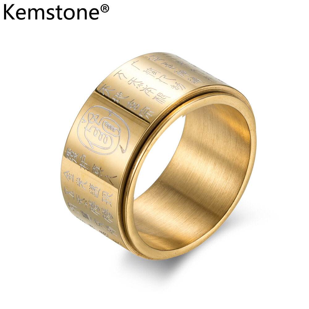 Kemstone Chinese Feng Shui Jewelry Titanium Steel Religious Taoist Amulets Luck Rotatable Ring for Men